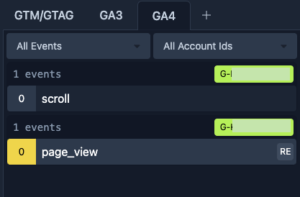 頁面上已經有安裝 GA4 ，就能在頁籤內看到 G- 開頭的標籤